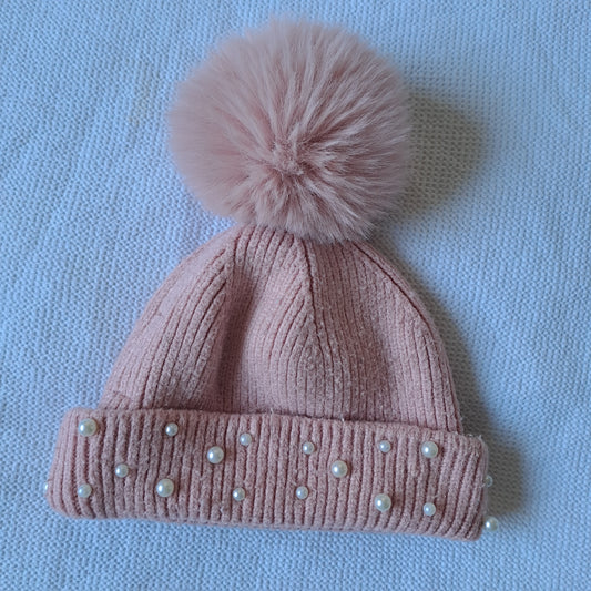 Zara Girls Pink Pearl-Embellished Ribbed Knit Beanie Hat with Faux Fur Pom-Pom