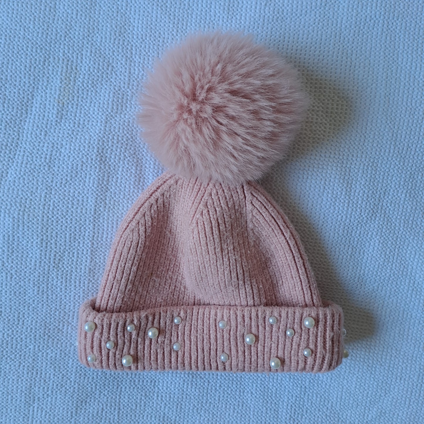 Zara Girls Pink Pearl-Embellished Ribbed Knit Beanie Hat with Faux Fur Pom-Pom