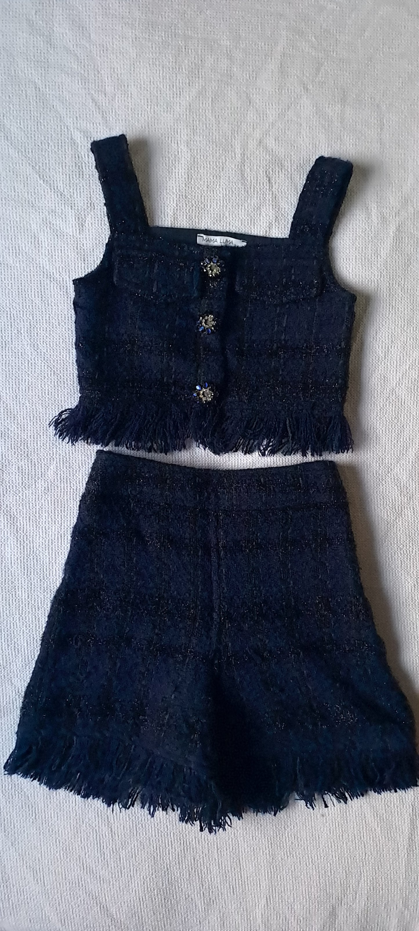 Mama Luma Girls Premium Navy Blue Tweed 2-Piece Crop Top & Shorts Set 3-4 Years