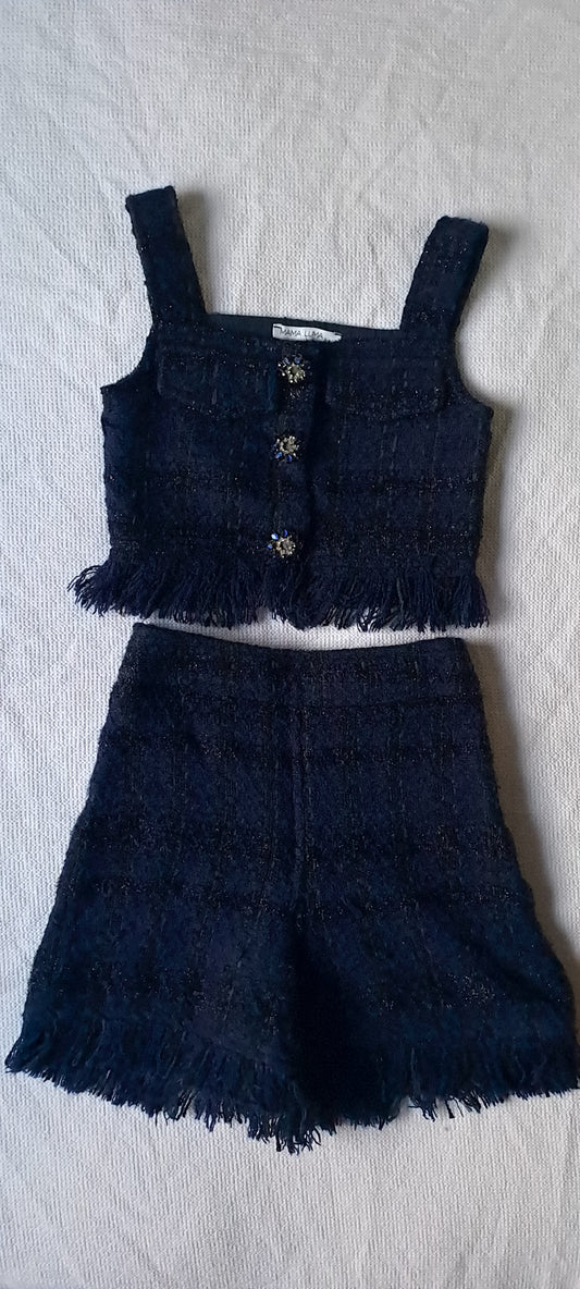Mama Luma Girls Premium Navy Blue Tweed 2-Piece Crop Top & Shorts Set 3-4 Years