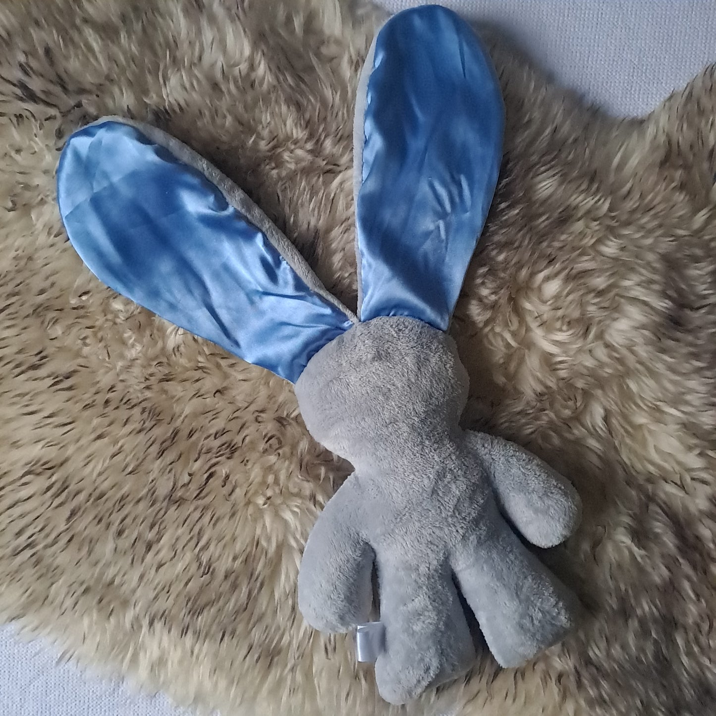 Lily 'n Jack Original Snuggle Bunny – Grey with Blue Satin Ears One Size