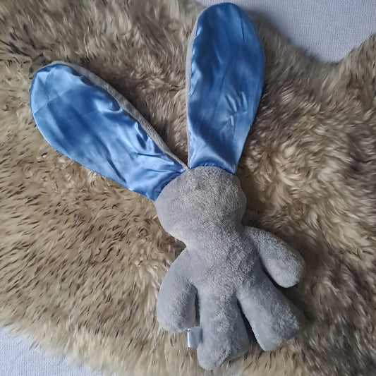 Lily 'n Jack Original Snuggle Bunny – Grey with Blue Satin Ears One Size
