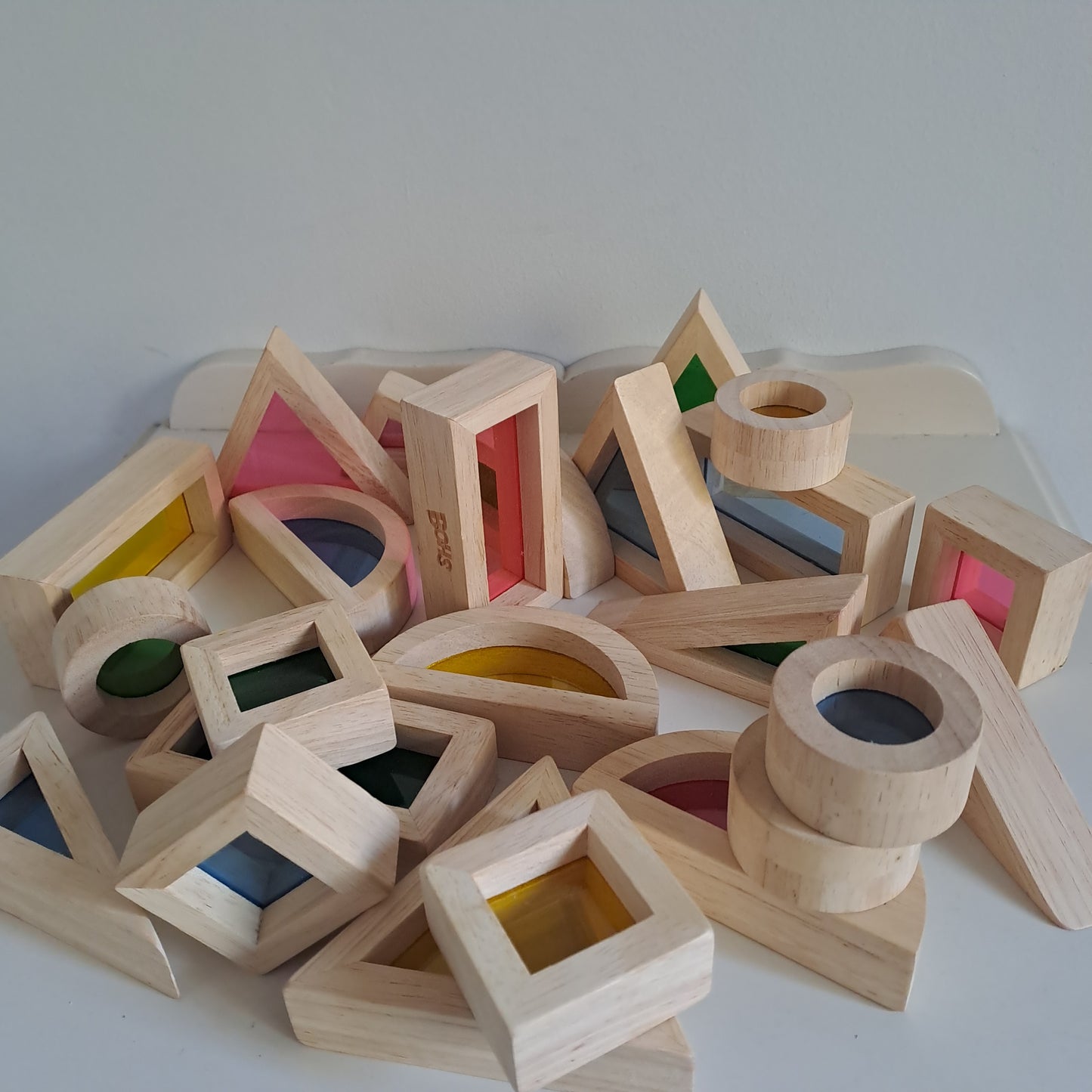 BOHS 24-Piece Wooden Rainbow Sensory Blocks Set with Translucent Coloured Windows