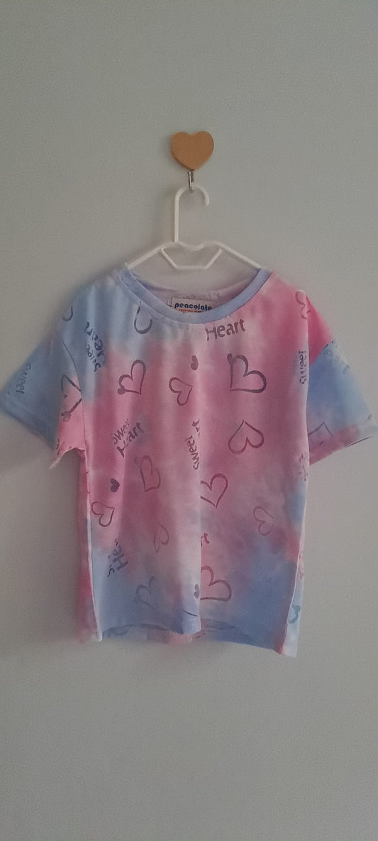 Peacolate Girls Pink & Blue Tie-Dye Heart Graphic T-Shirt 3-4 Years