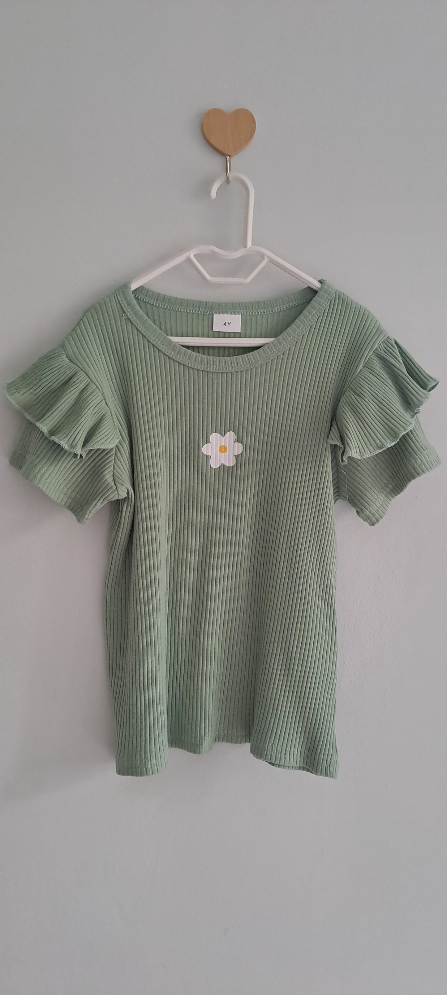 Girls Sage Green Ribbed Daisy Top with Flutter Sleeves 3-4 Years