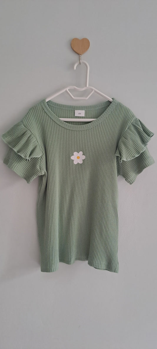 Girls Sage Green Ribbed Daisy Top with Flutter Sleeves 3-4 Years