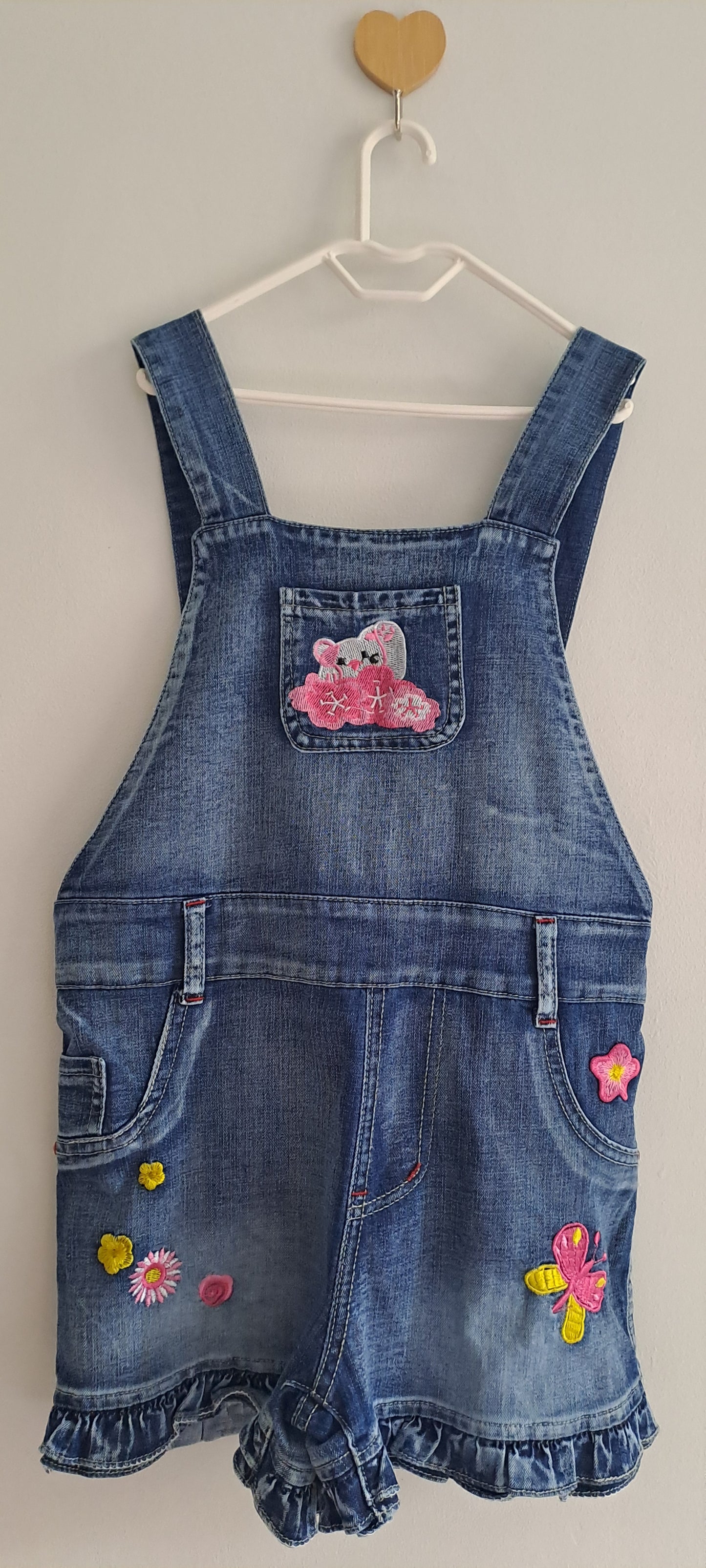 Girls Blue Embroidered Denim Short Dungarees 2-3 Years