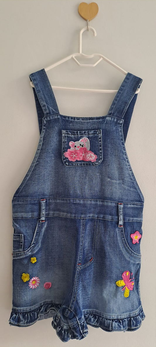 Girls Blue Embroidered Denim Short Dungarees 2-3 Years