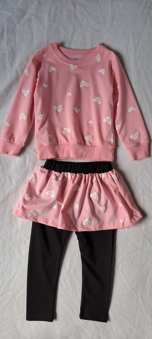 Toddler Girls 3-Piece Pink Heart Sweatshirt, Skirt, and Leggings Set 4-5 Years