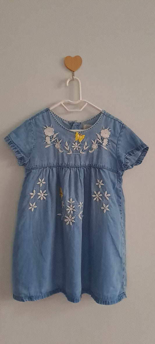 Zara Kids Girls Light Wash Floral Embroidered Denim Dress 2-3 Years