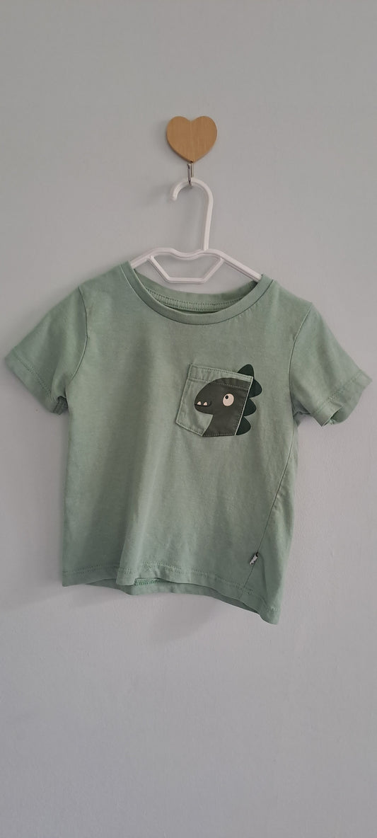 Woolworths Wooliesbabes 100% Cotton Sage Green Dinosaur Pocket T-Shirt 6-12 Months
