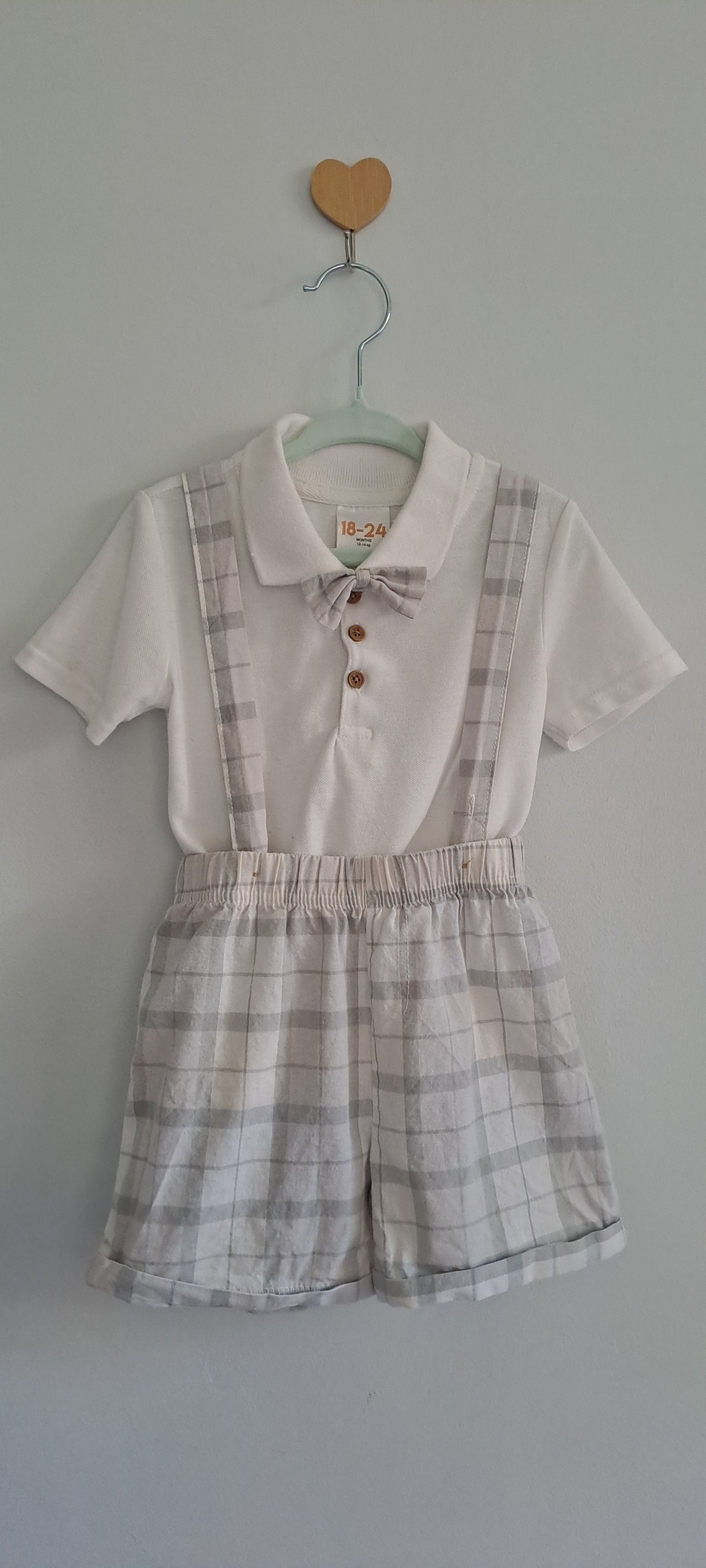 Cuddlesome 3-Piece Plaid Shorts, Polo Shirt & Bowtie Suspenders Set 18-24 Months