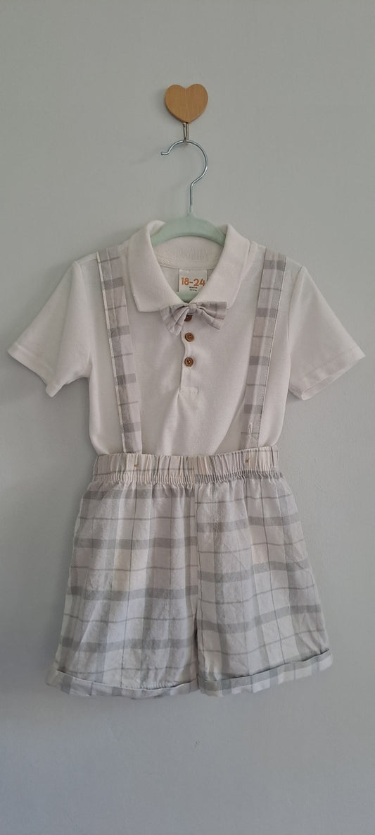 Cuddlesome 3-Piece Plaid Shorts, Polo Shirt & Bowtie Suspenders Set 18-24 Months