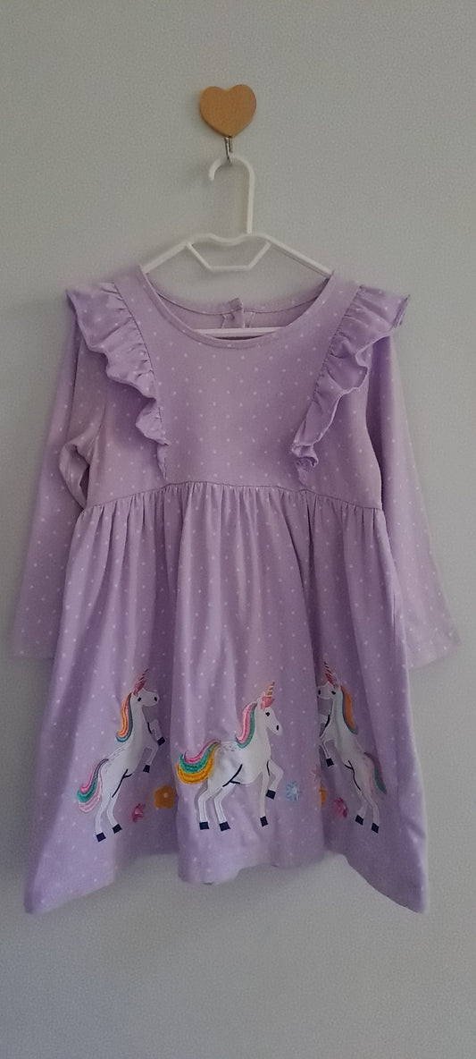 Pop Candy Girls Lilac Polka Dot Unicorn Appliqué Dress 3-4 Years
