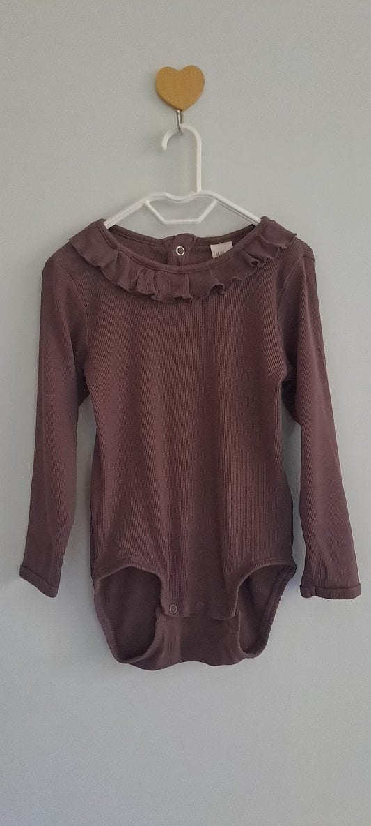 H&M Dusty Mauve Ribbed Ruffle-Collar Long Sleeve Bodysuit 18-24 Months