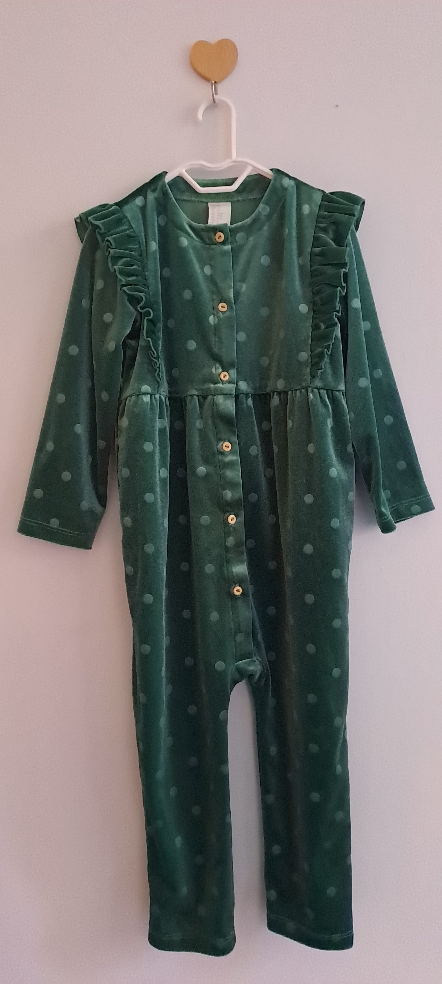 H&M Toddler Girls Green Velvet Polka Dot Ruffle Jumpsuit 18-24 Months