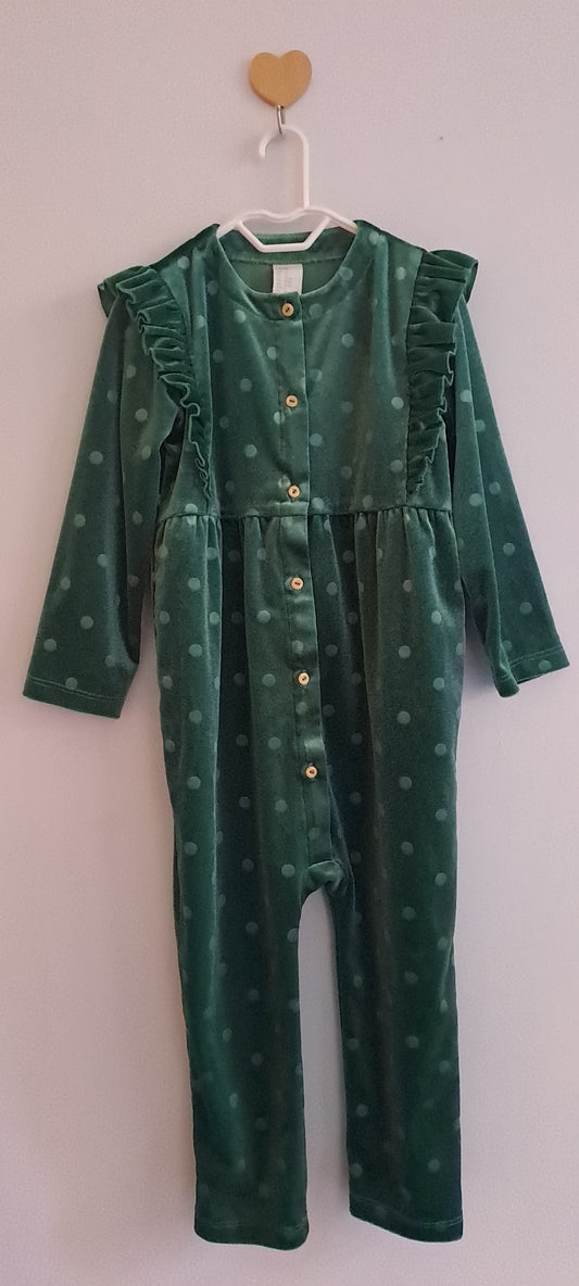 H&M Toddler Girls Green Velvet Polka Dot Ruffle Jumpsuit 18-24 Months