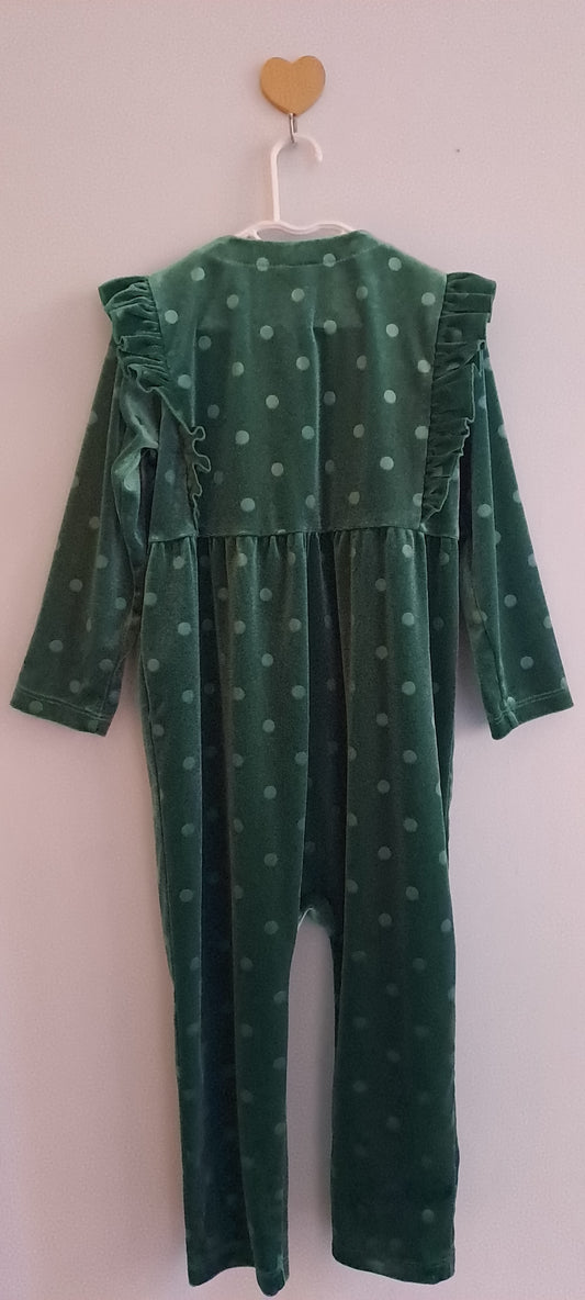 H&M Toddler Girls Green Velvet Polka Dot Ruffle Jumpsuit 18-24 Months
