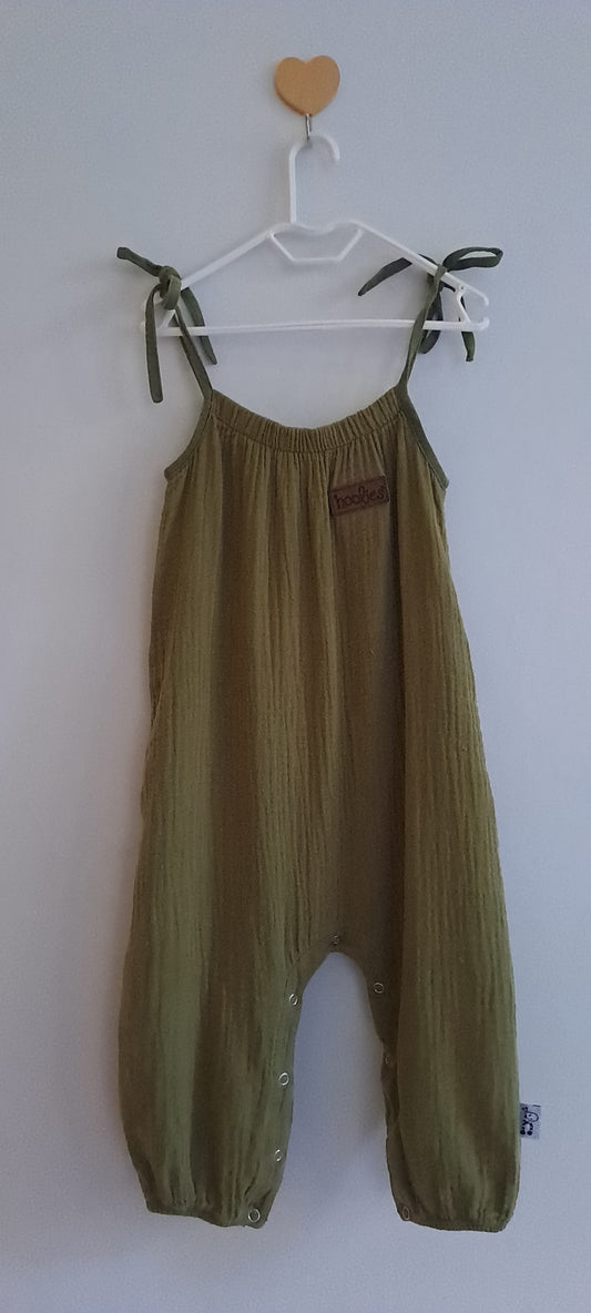 Hoolies Toddler Olive Sage Cotton Muslin Gauze Tie-Strap Romper 2-3 Years