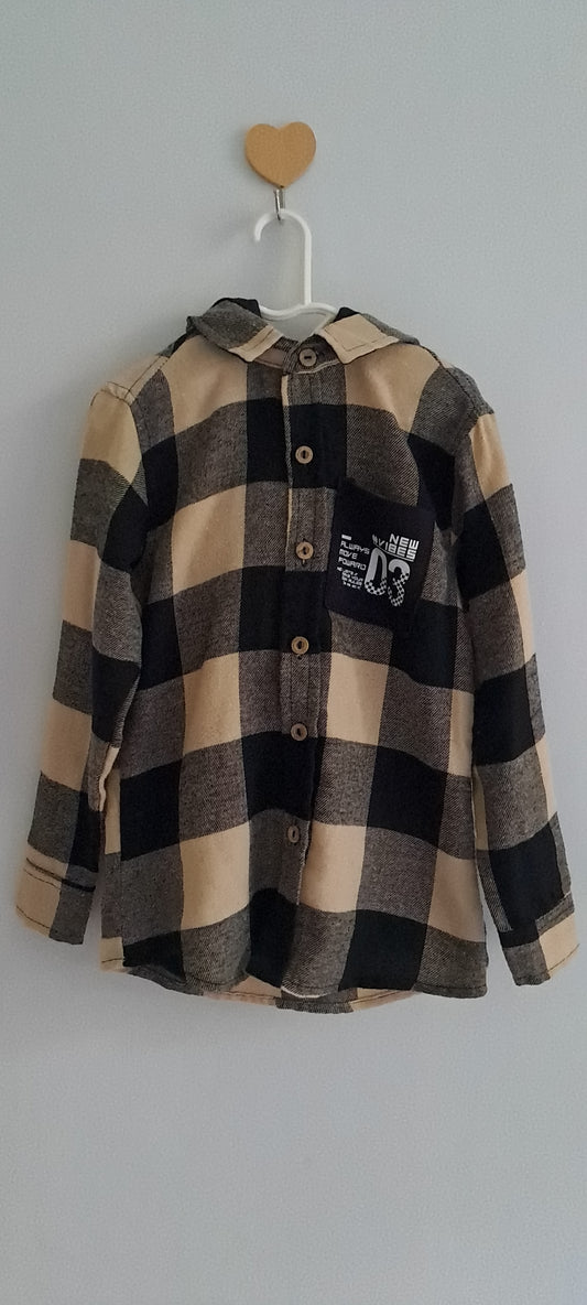 Jet Boys Tan & Black Check Hooded Flannel Shirt 4-5 Years