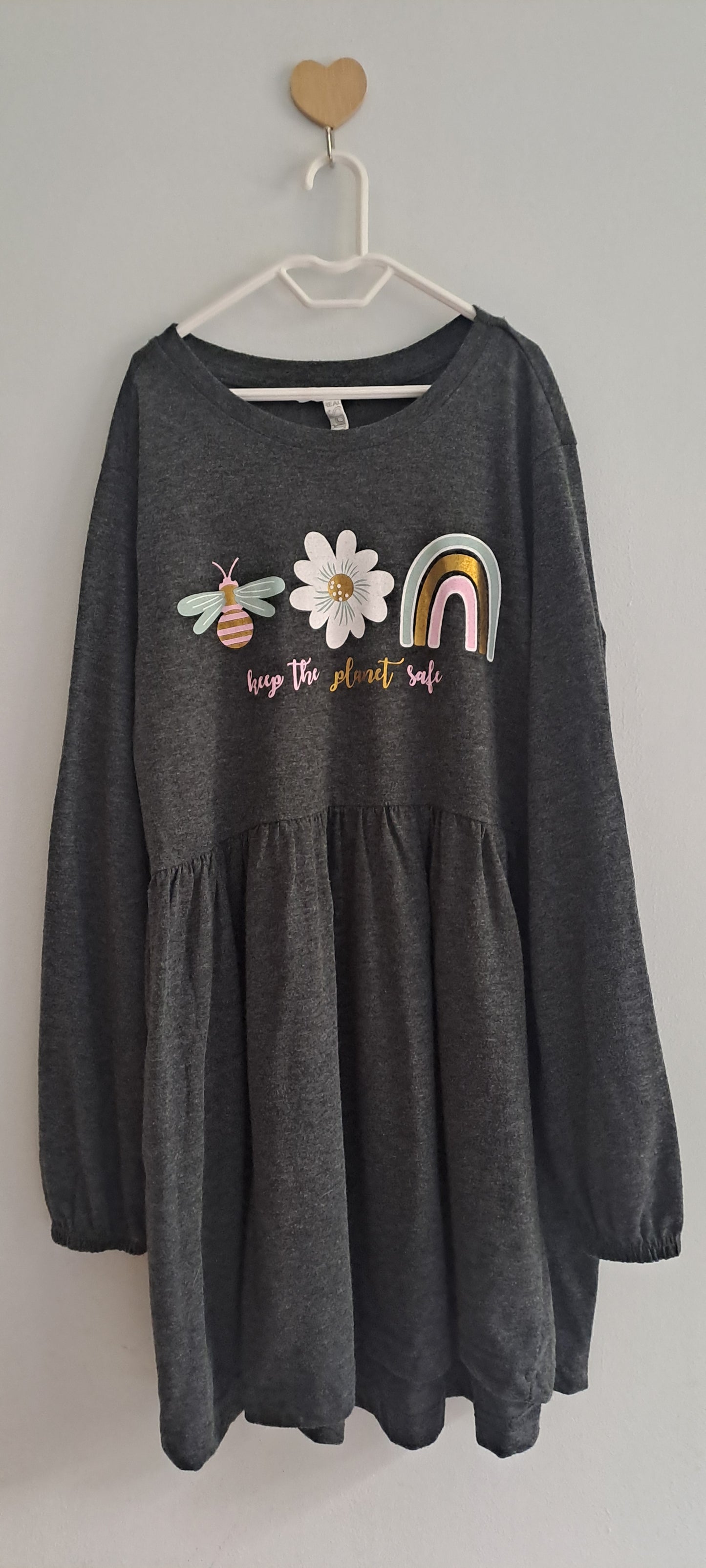 Real Kids Girls Charcoal Grey "Keep the Planet Safe" Long Sleeve Dress 9-10 Years