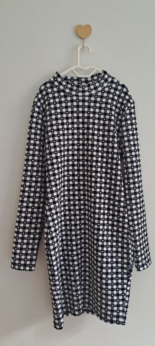 Girls Black & White Gingham Heart Print Long Sleeve Mock Neck Dress 9-10 Years