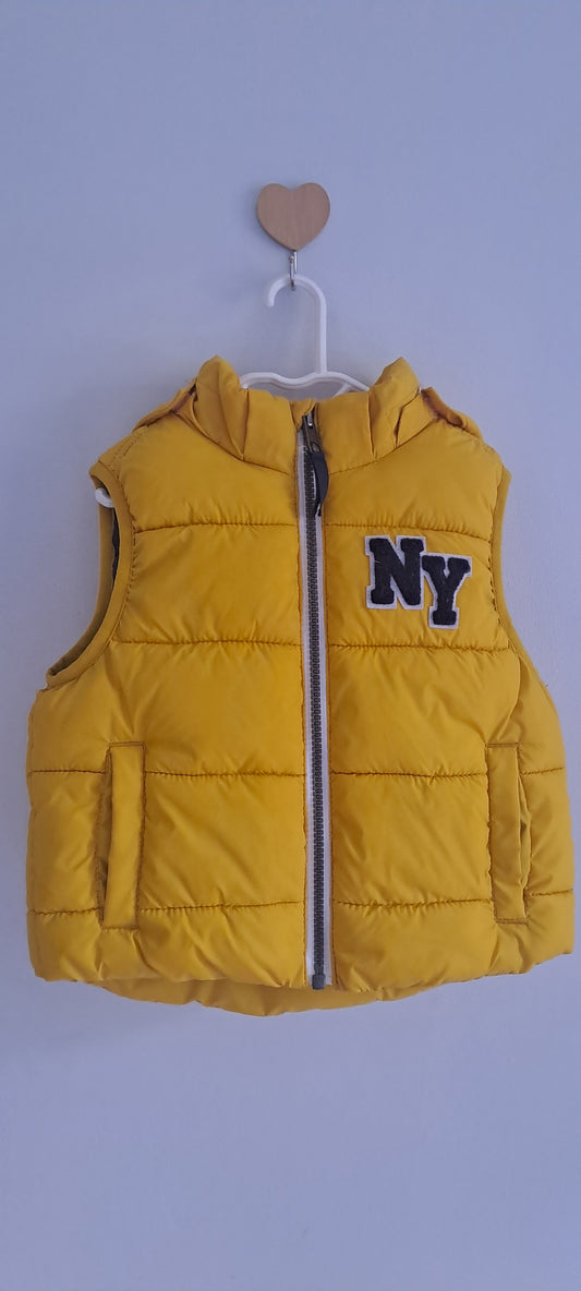 H&M Boys Mustard Yellow "NY" Hooded Puffer Gilet Vest 18-24 Months