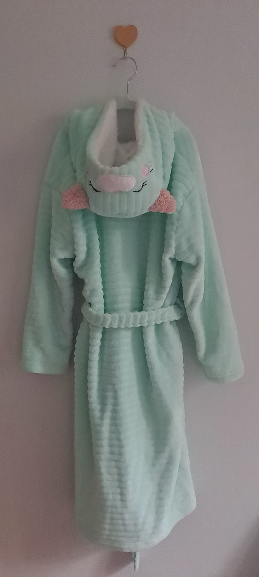 Woolworths Kids Mint Green Sleeping Cat Character Hood Fleece Dressing Gown 8-9 Years