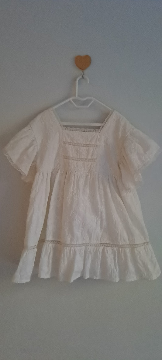 Zara Kids Girls White Embroidered Lace-Insert Dress 2-3 Years