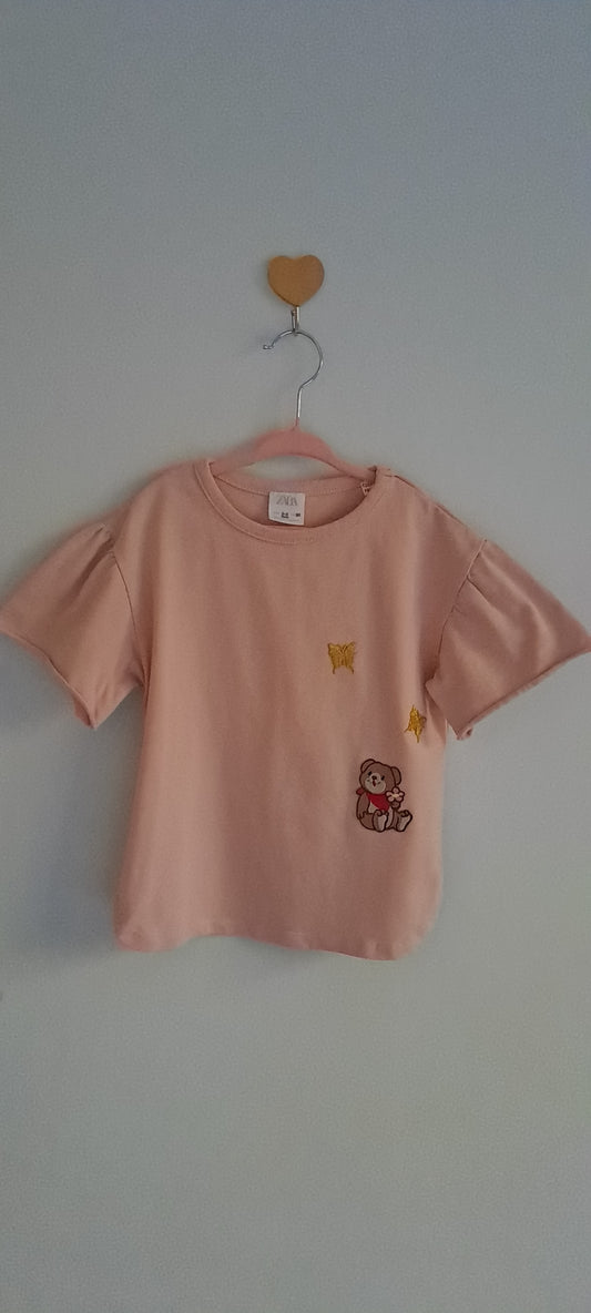 Zara Kids Girls Dusty Pink Custom Butterfly & Bear T-Shirt - The Upcycle Edit 2-3 Years
