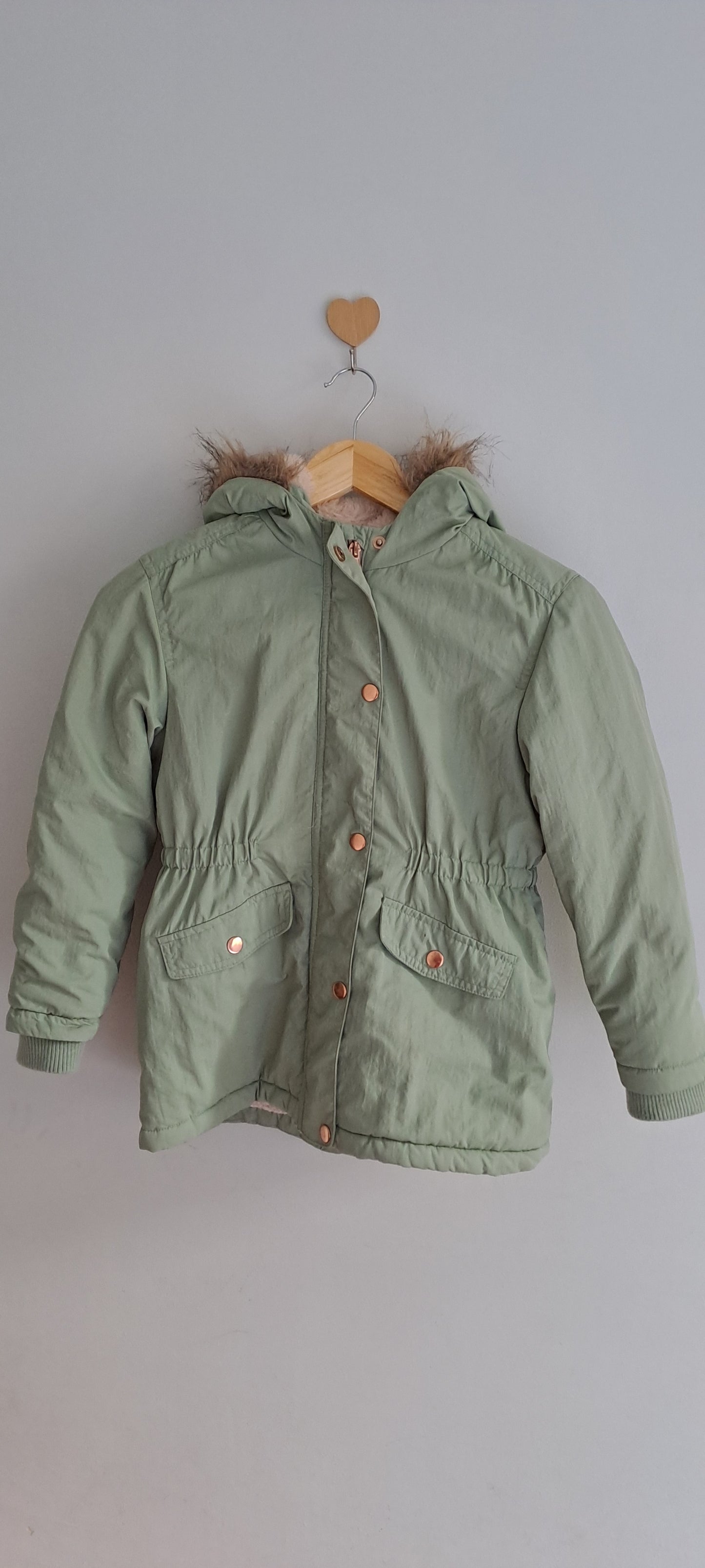 Woolworths Girls Sage Green Fur-Trim Hooded Parka Winter Jacket 8-9 Years