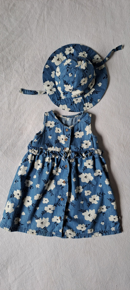 Woolworths Baby Girls Floral Chambray Ruffle Sleeveless Dress 12-18 Months