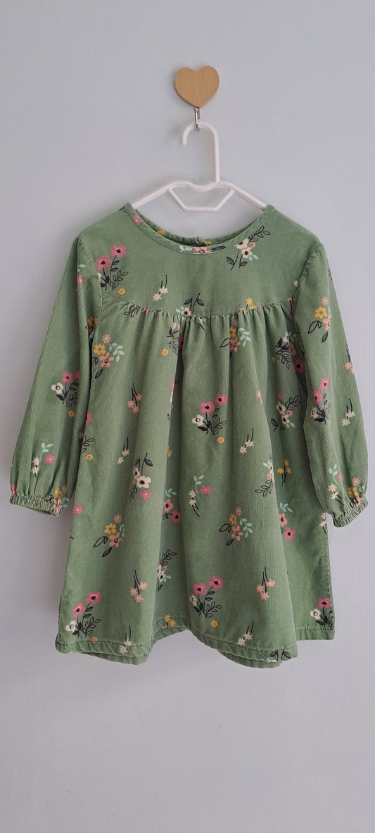 Woolworths Girls Sage Green Floral Corduroy Long Sleeve Dress 18-24 Months