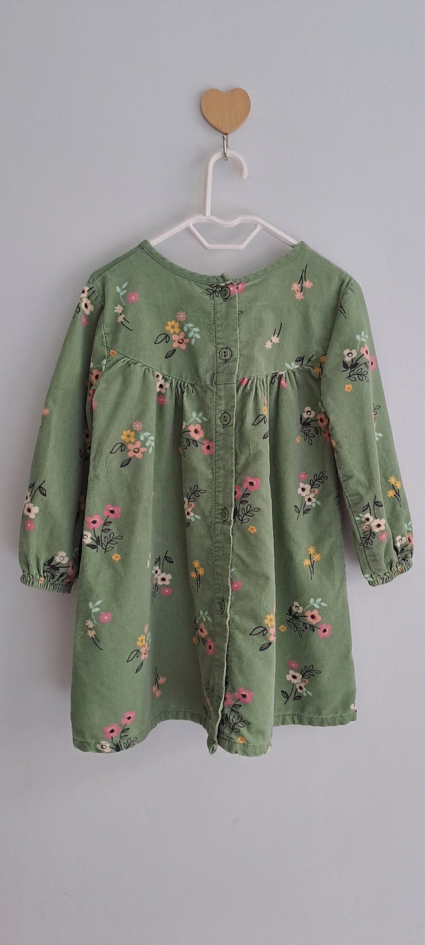 Woolworths Girls Sage Green Floral Corduroy Long Sleeve Dress 18-24 Months