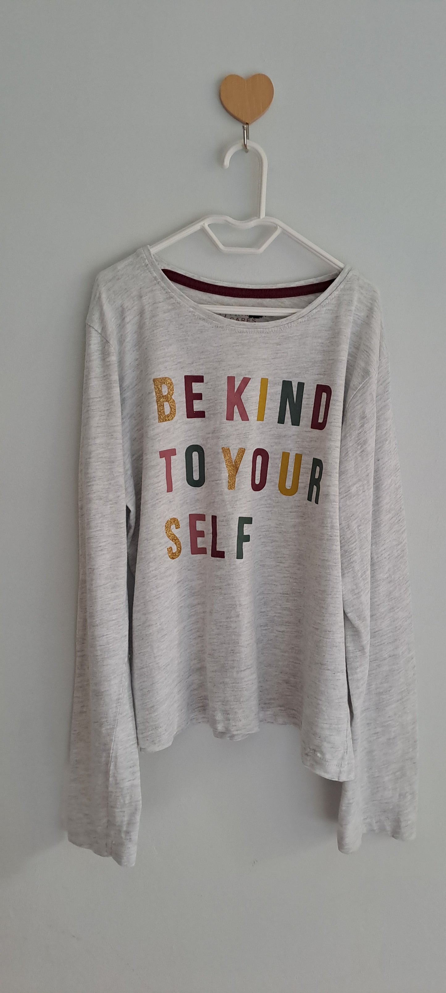 Primark Kids Girls Grey Marl "Be Kind To Yourself" Long Sleeve Top 9-10 Years