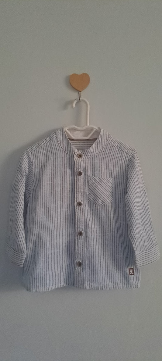 Woolworths Baby Boys Blue & White Striped Mandarin Collar Linen-Blend Shirt 6-12 Months