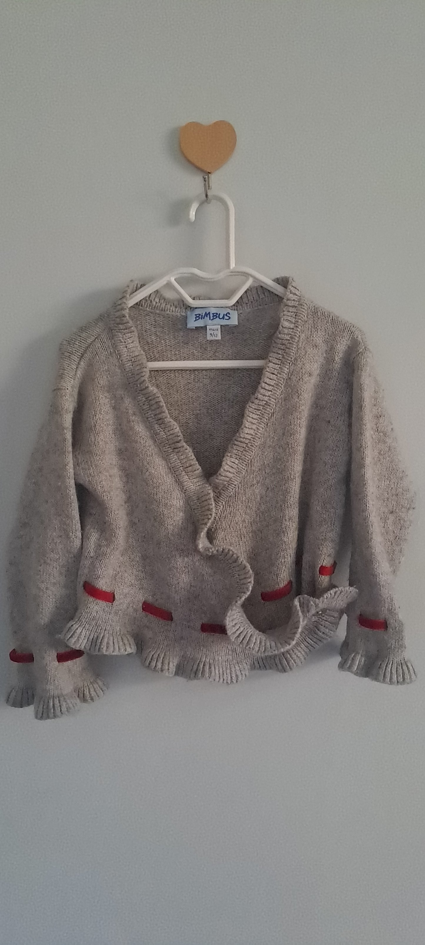 Bimbus Baby Girls Grey Knit Ruffle Cardigan with Red Ribbon Detail 9-12 Months