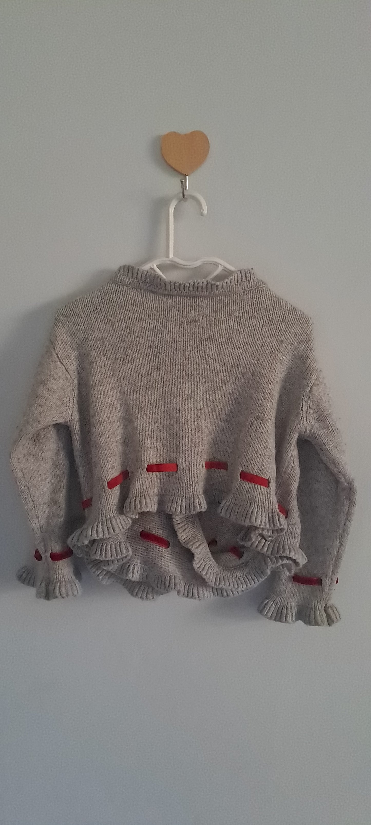 Bimbus Baby Girls Grey Knit Ruffle Cardigan with Red Ribbon Detail 9-12 Months