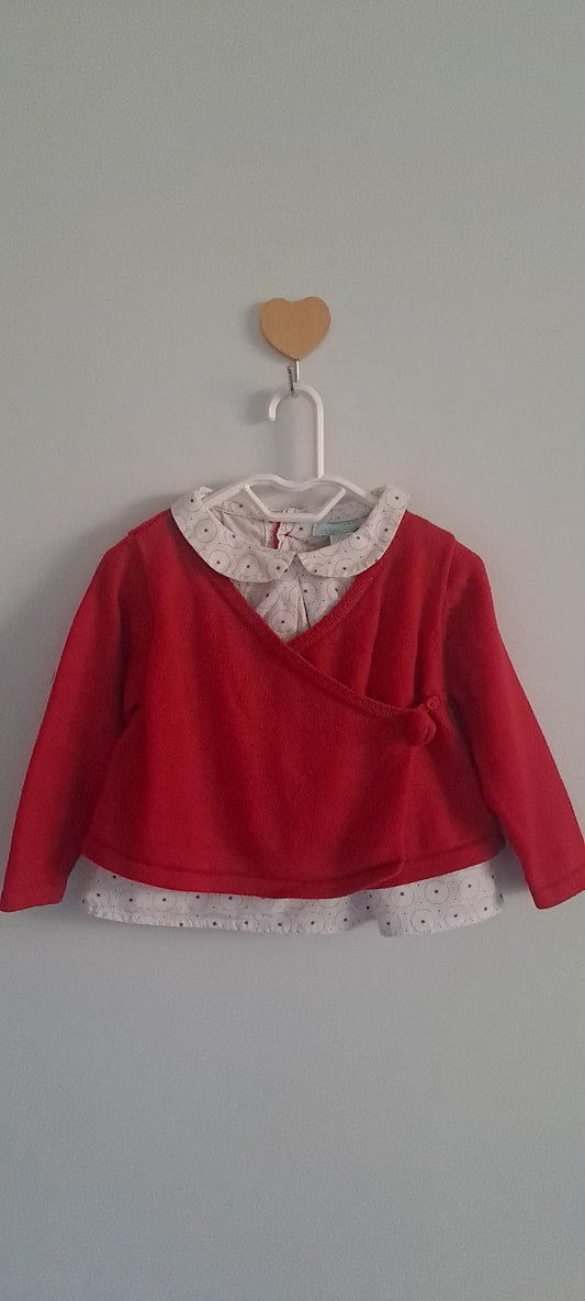 Obaïbi Baby Girls Red Faux-Wrap Knit Cardigan & Collared Blouse 2-Piece Set 9-12 Months