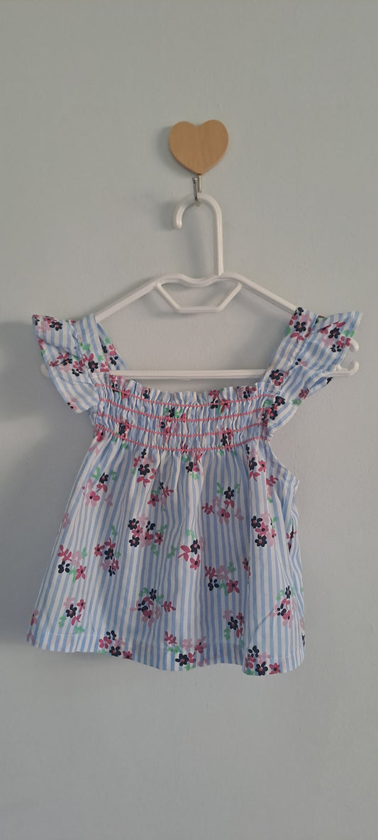 Park Bench Kids Girls Blue Striped Smocked Floral Blouse 9-12 Months
