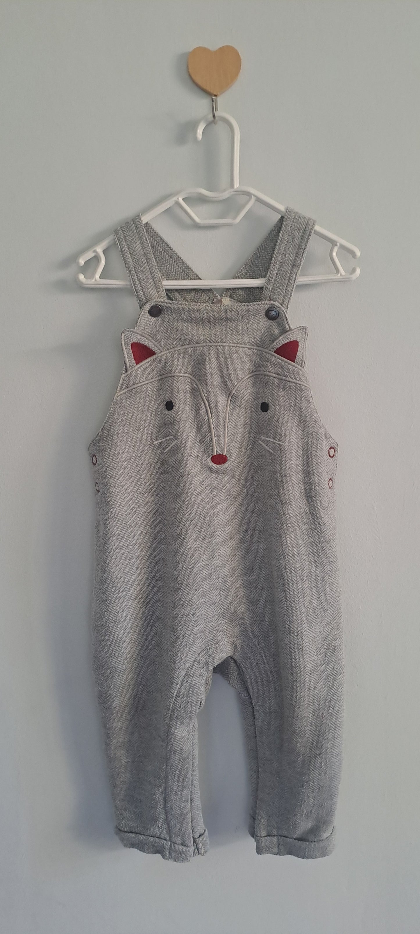 Orchestra Bébé Grey Herringbone Knit Fox Dungarees 9-12 Months