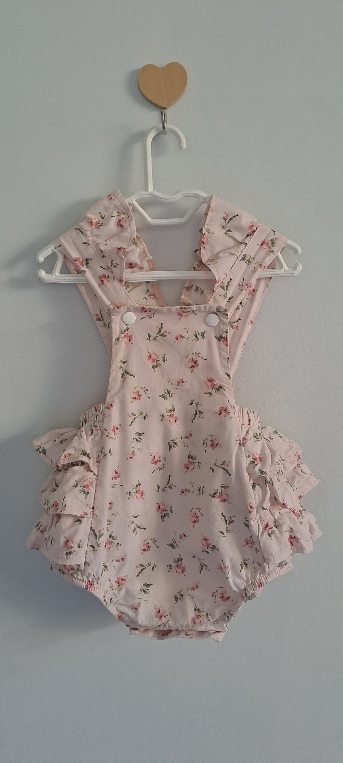 Tiny Necessities Baby Girls Pink Floral Ruffle Dungaree Romper 12-18 Months
