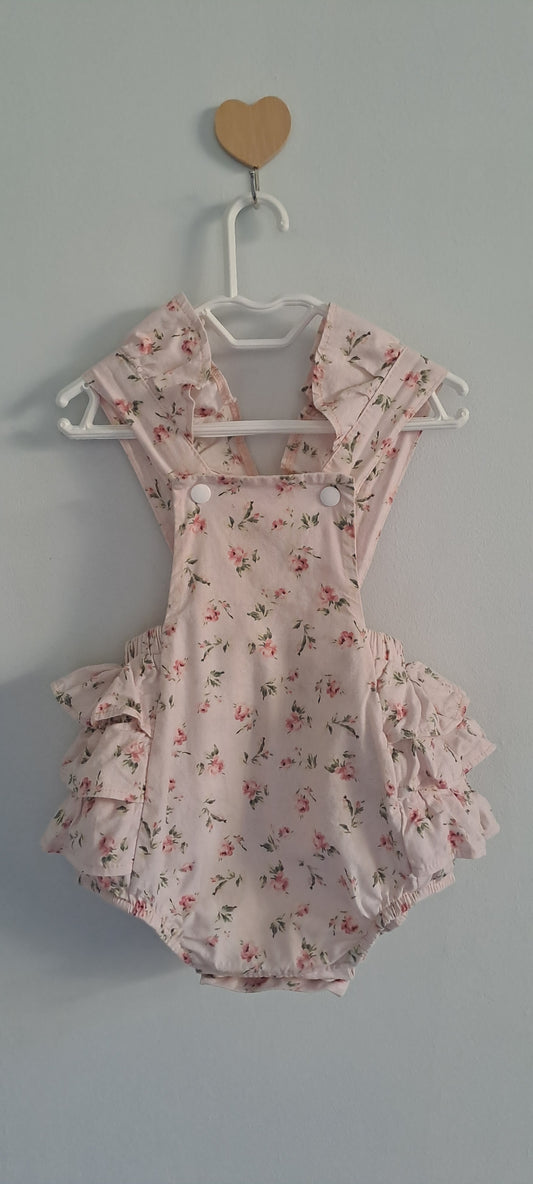Tiny Necessities Baby Girls Pink Floral Ruffle Dungaree Romper 12-18 Months