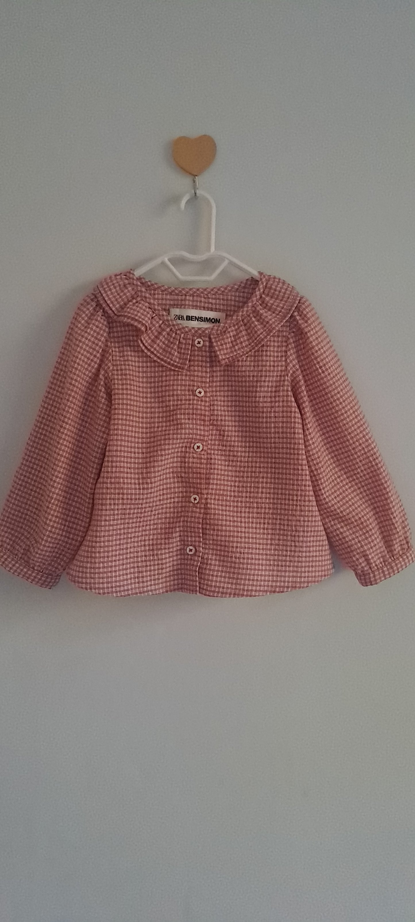 Zara Kids x Bensimon Girls Pink Gingham Ruffle Collar Blouse 18-24 Months