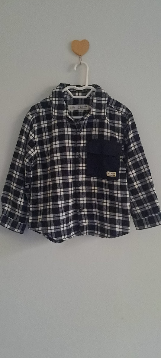 Zara Kids Boys Black & White Check Flannel Overshirt 18-24 Months