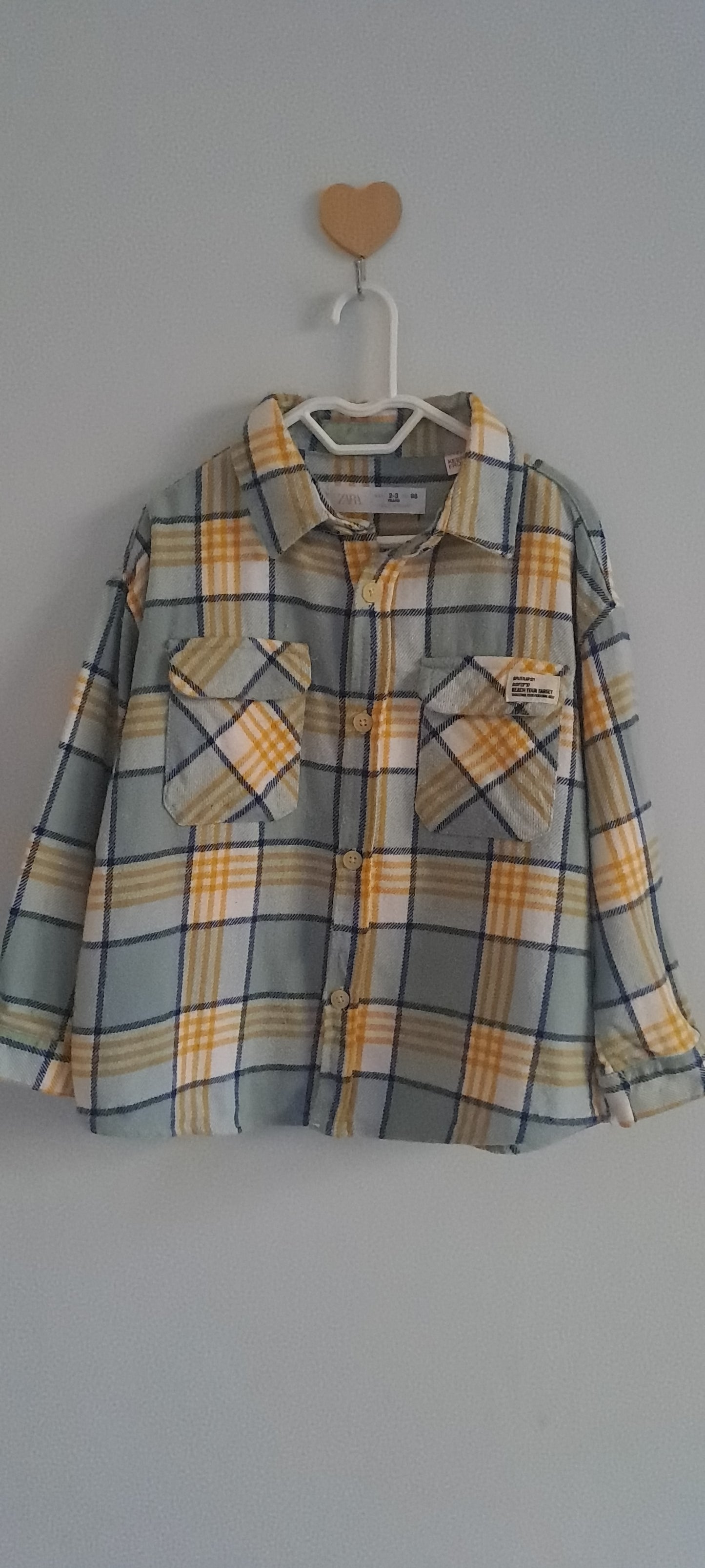 Zara Kids Boys Sage Green & Yellow Plaid Flannel Shirt 2-3 Years