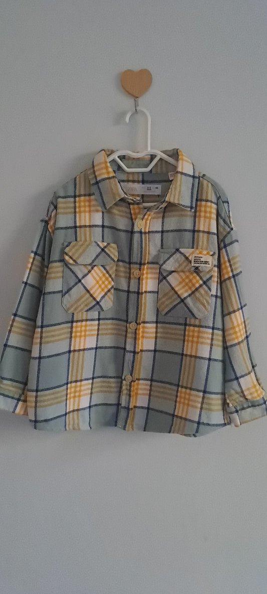 Zara Kids Boys Sage Green & Yellow Plaid Flannel Shirt 2-3 Years