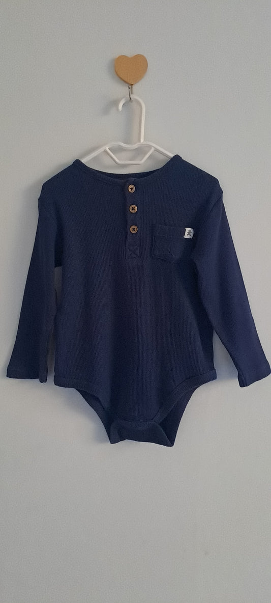 Woolworths Navy Waffle Knit Long-Sleeve Henley Bodysuit 18-24 Months