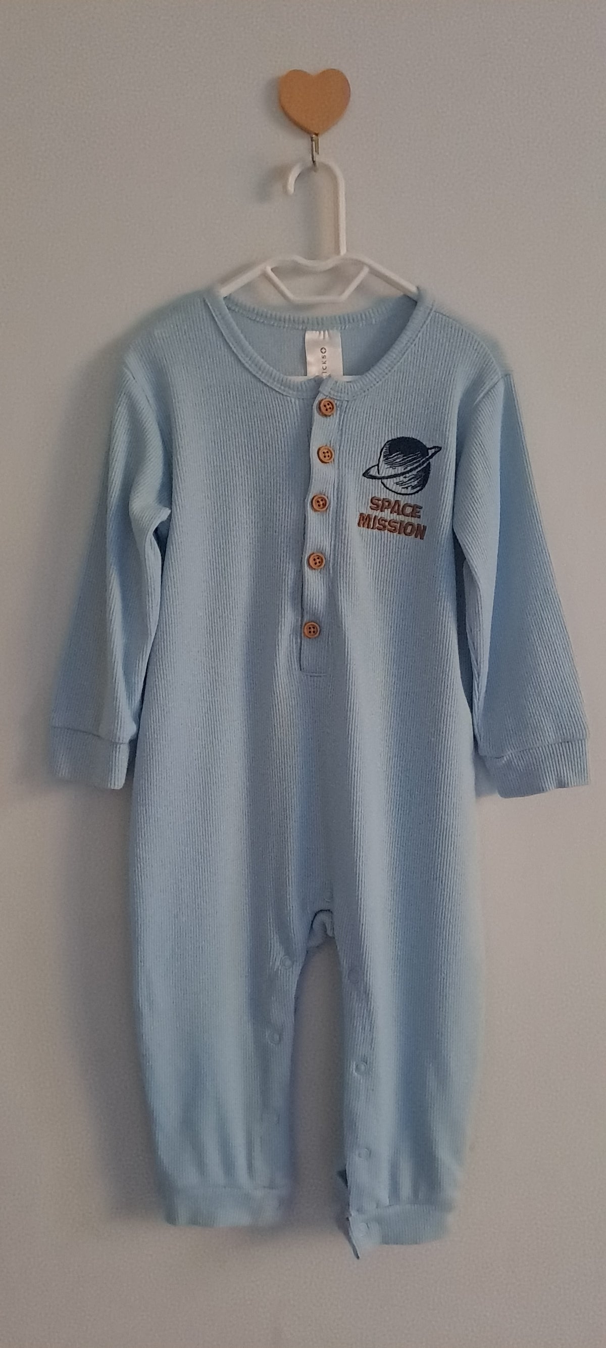 Clicks Made 4 Baby Light Blue Waffle Knit "Space Mission" Romper 18-24 Months