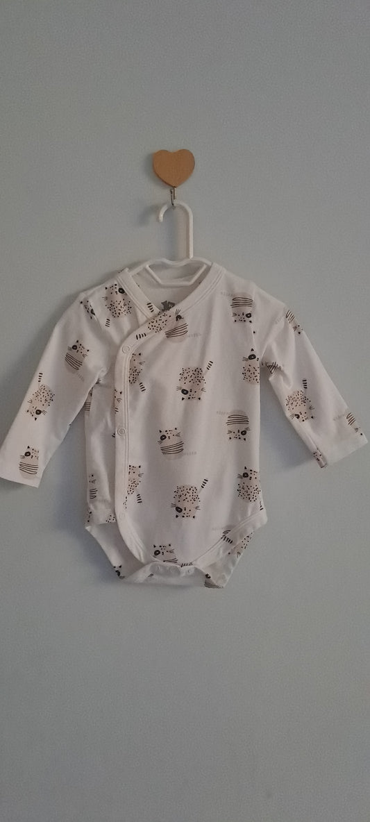 Woolworths White Cat Print Kimono Wrap Bodysuit 3-6 Months